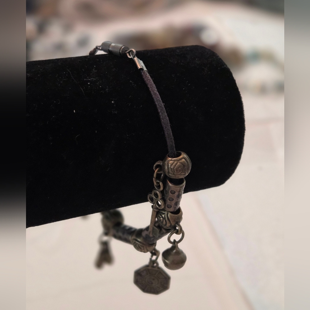 Vintage Chinese Brass Charm Bracelet | Yin Yang Bagua | Lucky Key & Bell - Picture 7 of 8